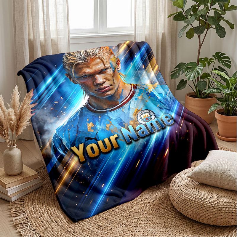 Erling Haaland Custom Name Text Flannel Blanket Soccer Logo Personalized Fleece Throw Blanket Special Gift For Sofa Bedroom Home