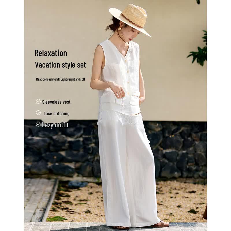 Women s V-Neck Sleeveless Cardigan & Wide-Leg Pants Set M белый