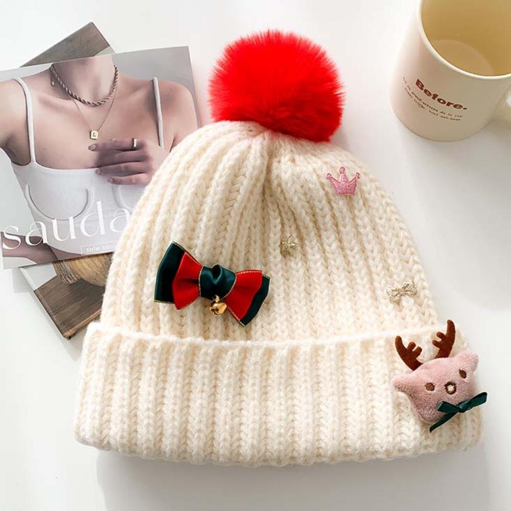Bow Christmas Plush Cap Soft Thickened Brimless Cap Versatile Red Knitted Woolen Hat  Girls
