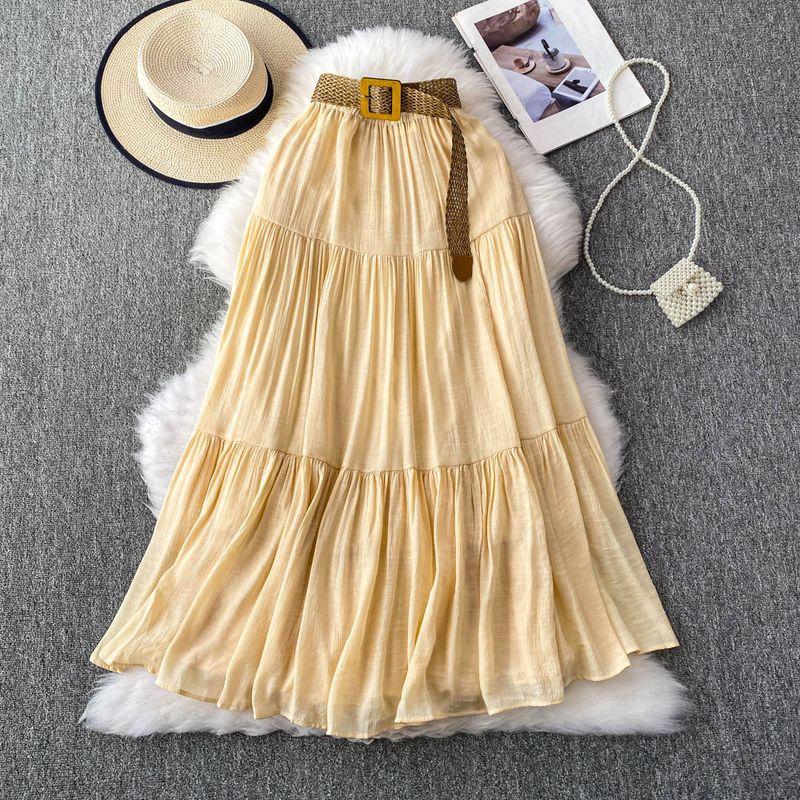 

White Skirt Women clothes 2025 Summer Small Mid-Length Casual High Waist Slimming Big Hemline Puffy Cake Skirt Dark Apricot One size