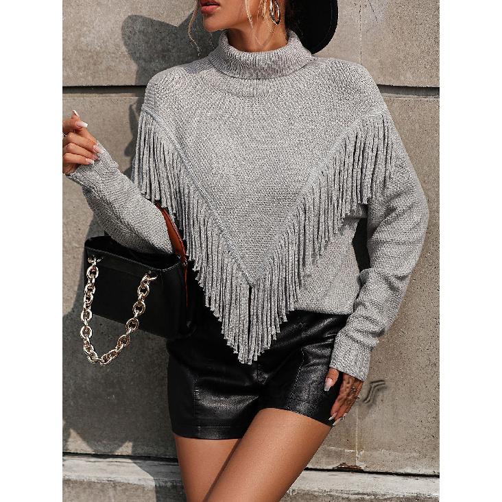 

2024 Осень и зима Новый европейский и американский женский свободный однотонный вязаный свитер с кисточками и высоким воротом XL серый