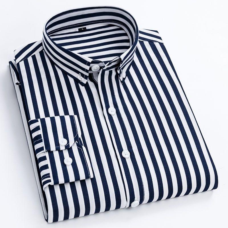 Mens Dress Shirts Striped Long Sleeve Plaid Checked Shirt Smart Casual Business Non-Ironing Korean Slim Fit Formal Blue White