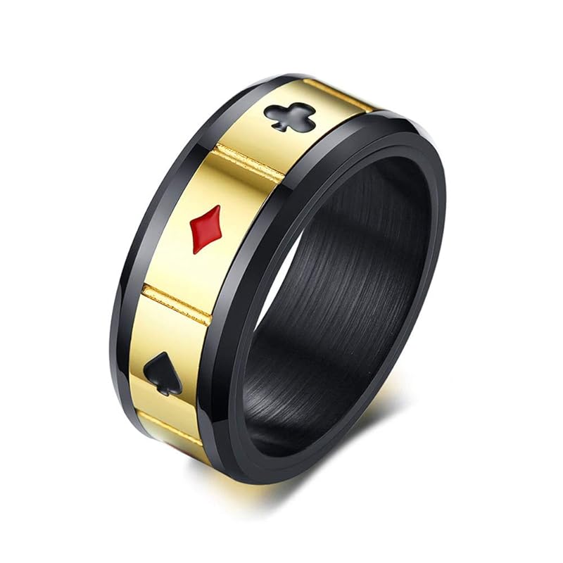 

[Rockyu] ring men s brand silver black gold mahjong Engraving playing cards ring Fashionable stainless Compatible with metal allergies new year