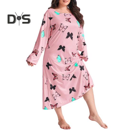 

Ночная рубашка больших размеров с принтом бабочек и круглым вырезом, ночная рубашка свободного покроя, домашний наряд для отдыха, с длинными рукавами, длиной до икры, одежда для сна XXXXL розовый