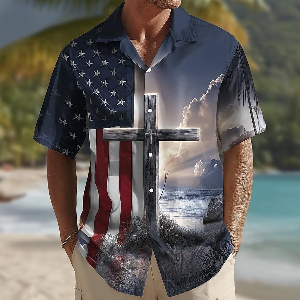 Men's 4th of July U.S. 250th Anniversary Cross US Flag Shirt Cuban Collar Shirt Button Up Shirt Short Sleeve