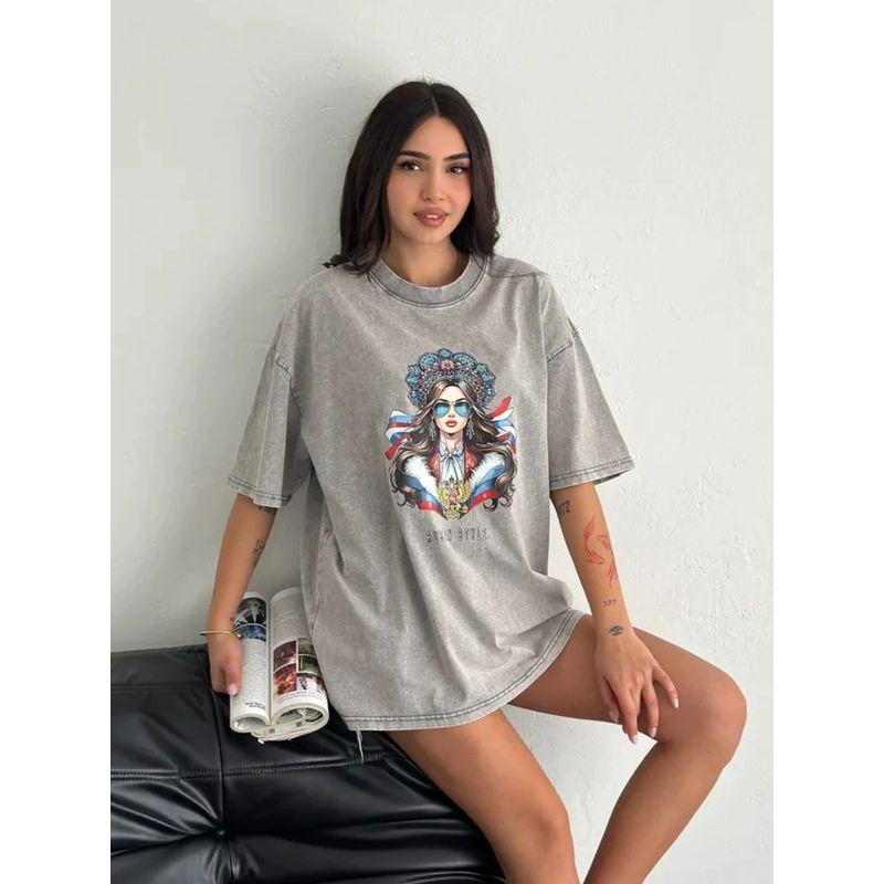 Fashion Printed Crewt-Shirt European and American Fashion Casual Washed Distressed Print Short Sleeve Cotton T-shirt