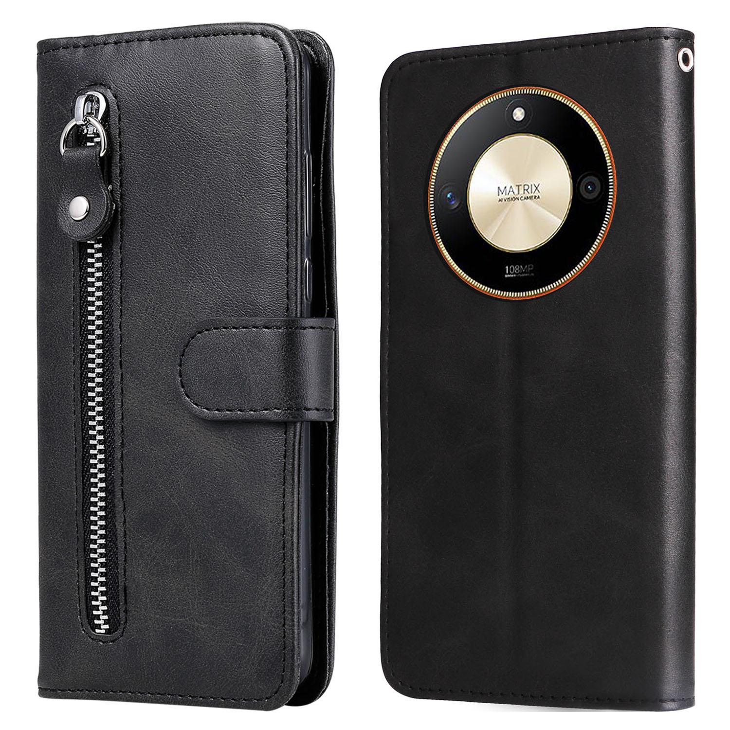 

For Honor X50 5G/X9b 5G/Magic6 Lite 5G/X50 GT 5G Calf Texture Anti-drop Case Zipper Pocket Wallet Stand Smartphone Cover Black