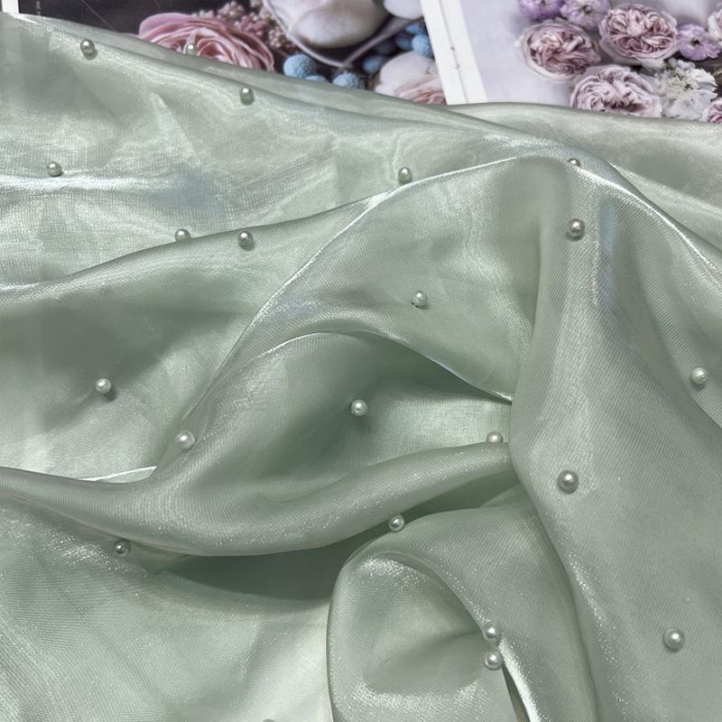 90x150cm Faux Pearl Organza Fabric for Dress Wedding DIY Sewing Bead Gauze Glossy Cloth Needlework Cloth Smooth Soft Material