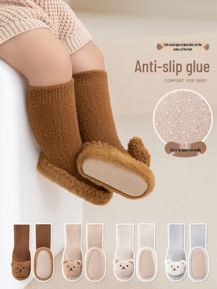 Mink Velvet Thick Baby Floor Shoes & Socks - Warm Cartoon Leather-Soled Infant Booties