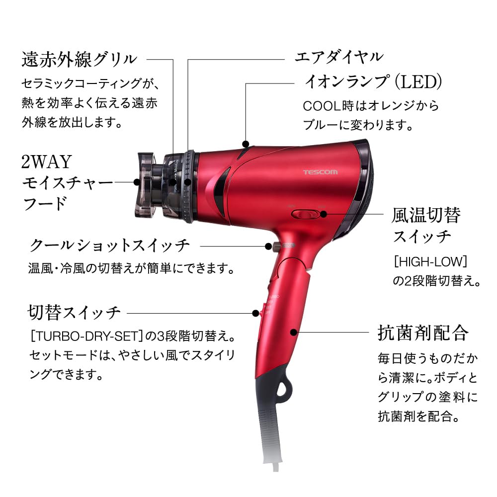 Tescom Hair Dryer, Negative Ion, Foldable, High Airflow, Easy-to-Open Plug, Purple, TD430B-V