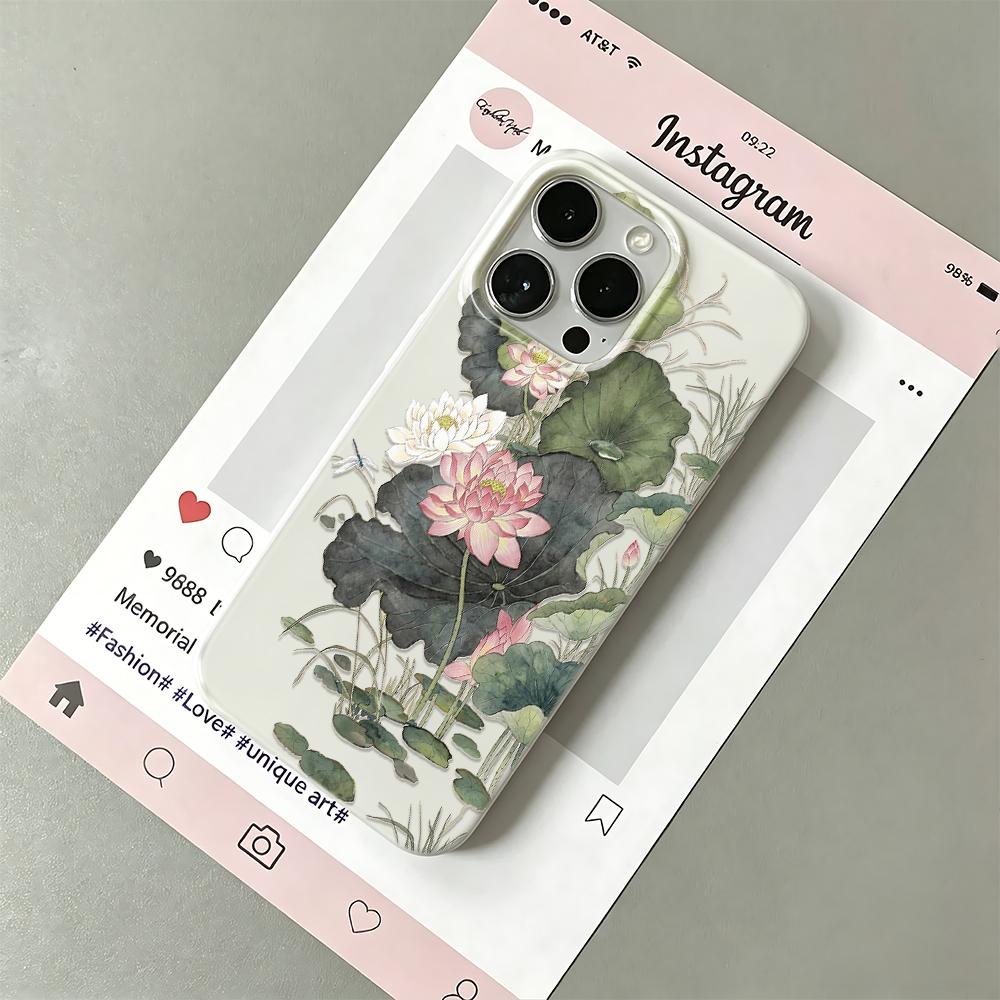 Ink Lotus Matte Silicone Case For Iphone 13 12 11 16 15 14 17 Pro Max Anti-Fingerprint Ultra Thin Cover