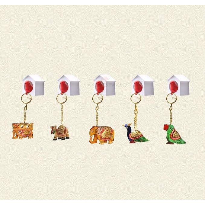 Unisex Carved Wooden Multicolour Key Ring - Set of 5