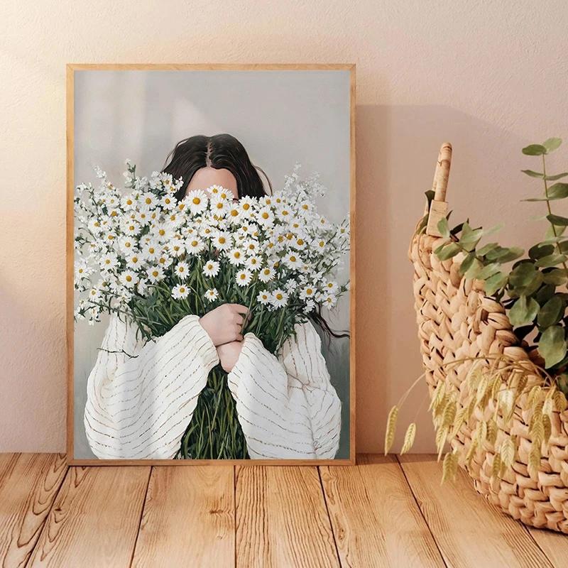 Abstraktes Frauen-Minimalismus-Poster Leinwand-Wandkunst Frau mit Blume Porträtmalerei Druck für Schlafzimmer Nordisches Mädchen Wohnkultur