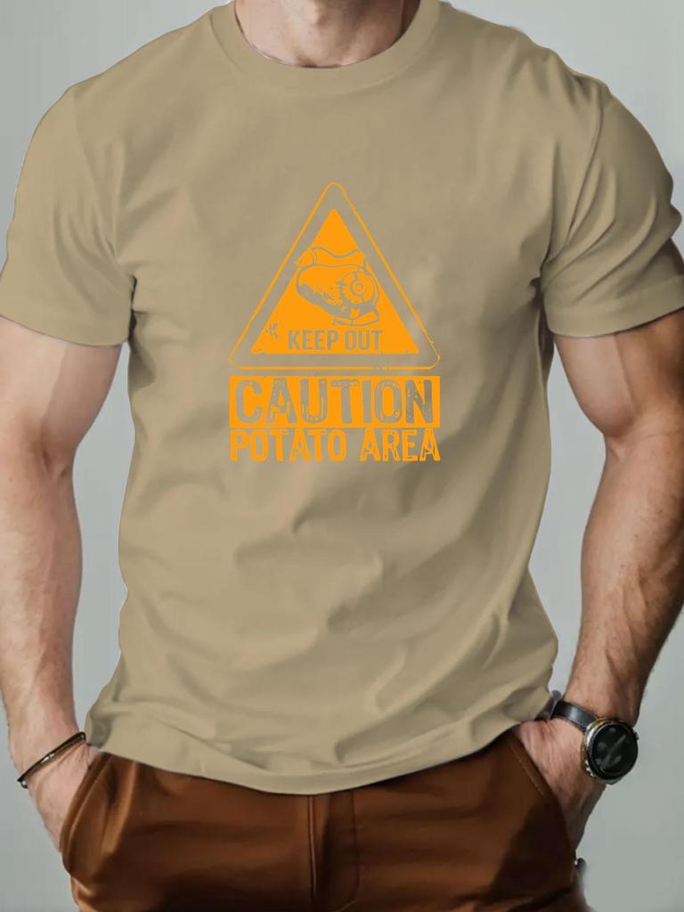 Mens cotton Tshirt CAUTION POTATO AREA summer round neck short sleeve graphic breathable fashion casual Tshirt