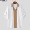 INCERUN Oversized Men Lapel Neck Half Sleeve Patchwork Casual Shirts