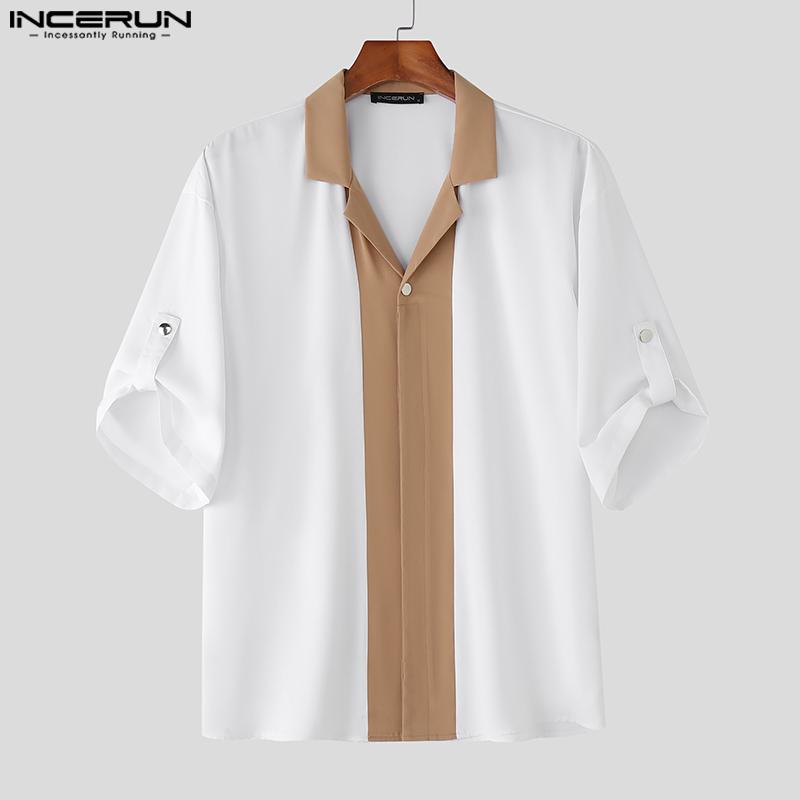 INCERUN Oversized Men Lapel Neck Half Sleeve Patchwork Casual Shirts