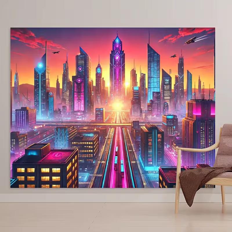 Futuristic Neon Sunset City Backdrop, Cyberpunk Aesthetic Background