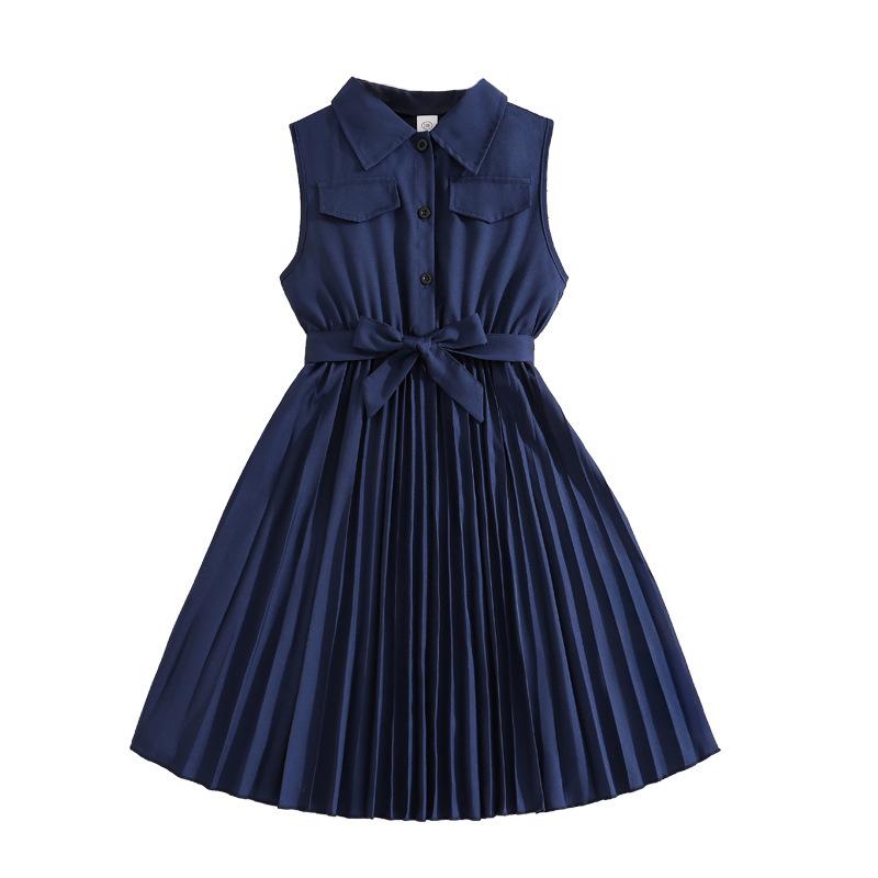 Girls' Fashionable Dress for Spring and Summer, Elegant Cinched Pleated Dress for Children