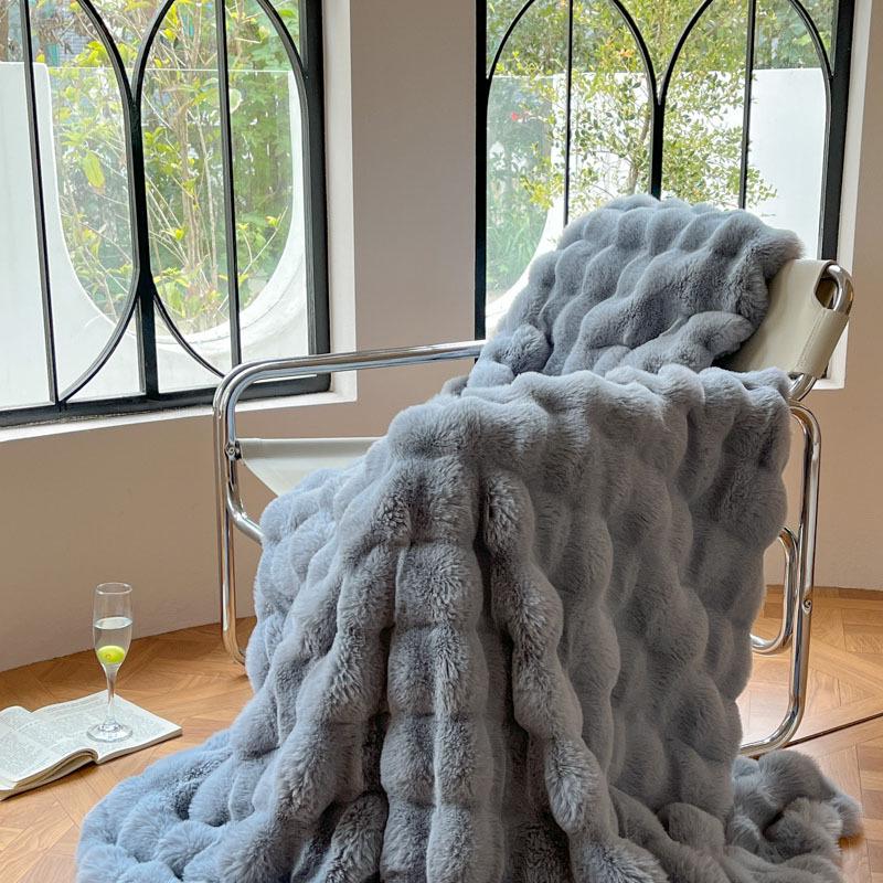 Autumn-Winter Double-Layer Faux Rabbit Fur Plush Nap Throw Blanket Shawl