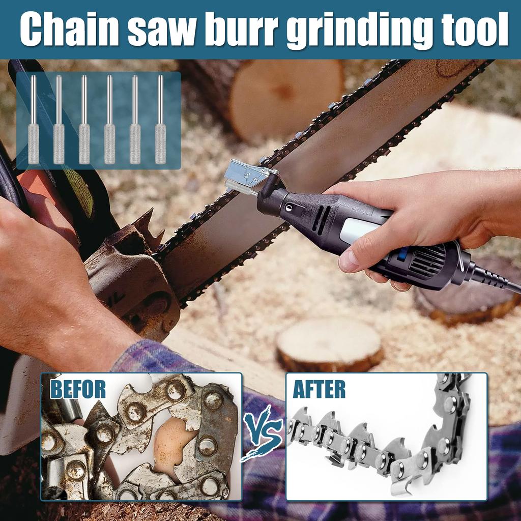 6pcs Diamond Coated Cylindrical Burr 4mm Chainsaw Sharpener Stone File Chain Sharpening Carving Grinding Polishing Tools Kits