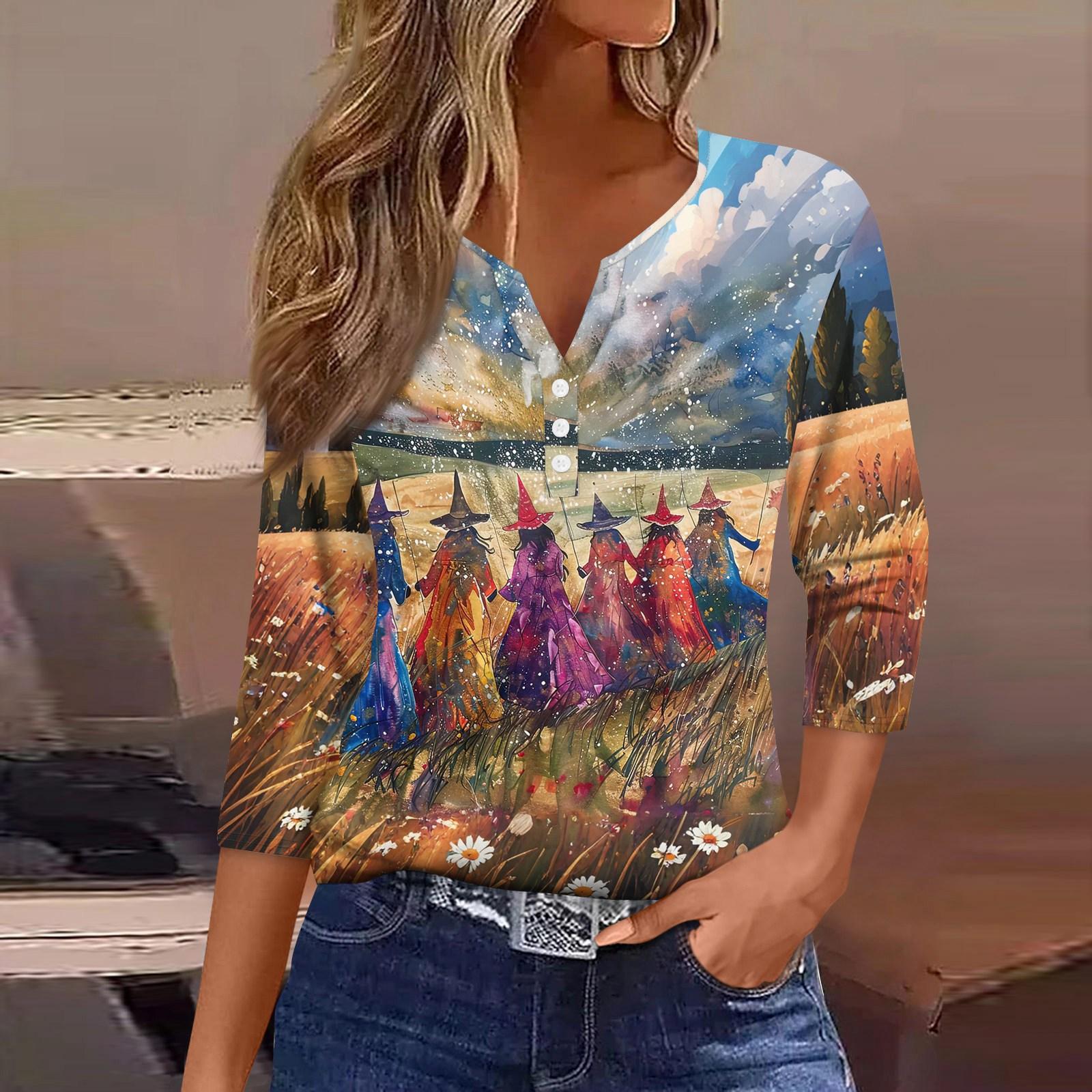 

Женская футболка с принтом на Хэллоуин, на пуговицах, рукав 3/4, повседневная мода на выходные, базовый топ с V-образным вырезом L фиолетовый