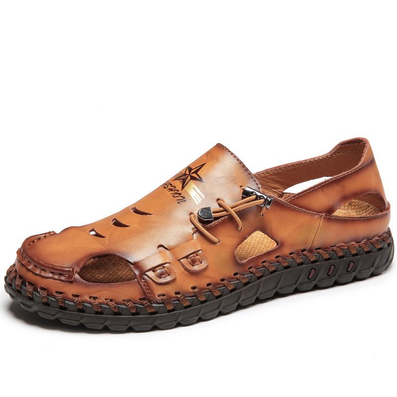 Plus Size Beach Men's Leather Shoes Closed Toe Leather Sandals Casual Hole Summer Cowhide Slippers Summer