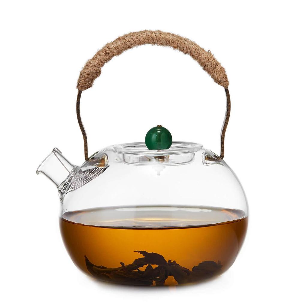 Pokaro Tea Heat-Resistant Glass Teapot, 1000ml, Stovetop-Safe, with Large Bead Design and Braided Hemp Handle, Stylish Japanese Teapot, Perfect Gift