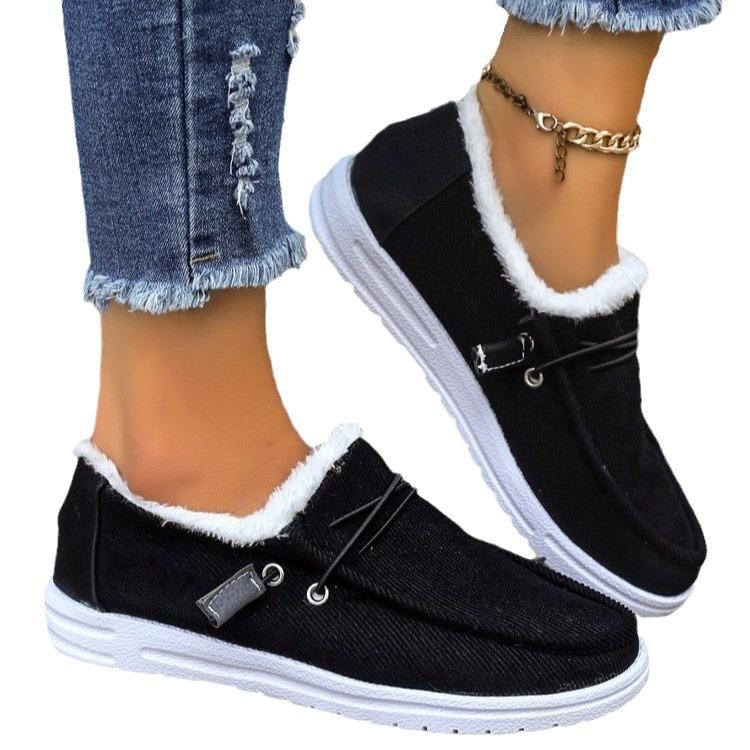 Large size cotton shoes for women's autumn and winter new round head lace-up, velvet warm casual cotton shoes for women