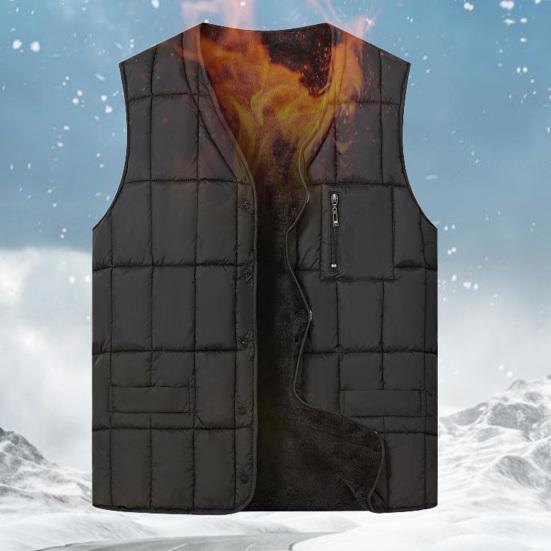 Men Waistcoat V-Neck Sleeveless Single Breasted Quilted Vest Coat with Zipper Pockets Solid Color Plush Lining Thickened Thermal Vest Jacket