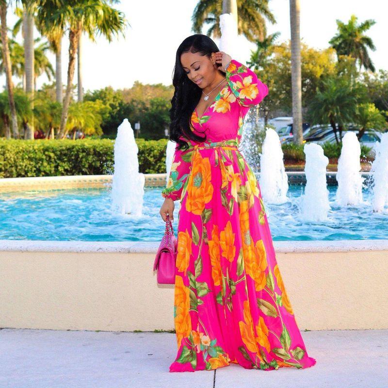 

Long Sleeve V-neck Skirt Dress Long Sleeves V Neck Beach Chiffon Big Hem Dress Dress Female Rose Red L