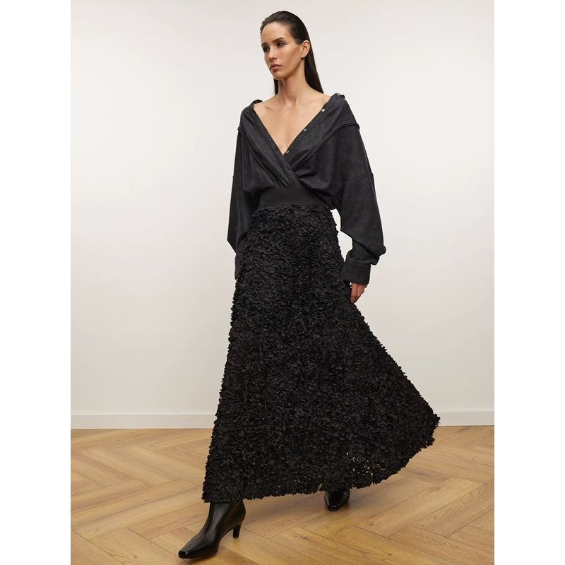 

Western Style Autumn and Winter New Petal Design Sense Skirt Fashionable High Waisted Skirt Black S