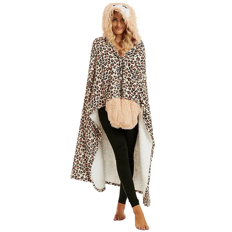 Cartoon Animal Hooded Blanket Soft Fleece Lamb Velvet with Sleeves Gloves Comfortable Winter Home TV Sofa Nap Blanket