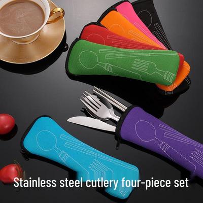 Stainless Steel Cutlery Set with Cloth Bag: 4-Piece Portable Set – Knife, Fork, Spoon, Chopsticks.