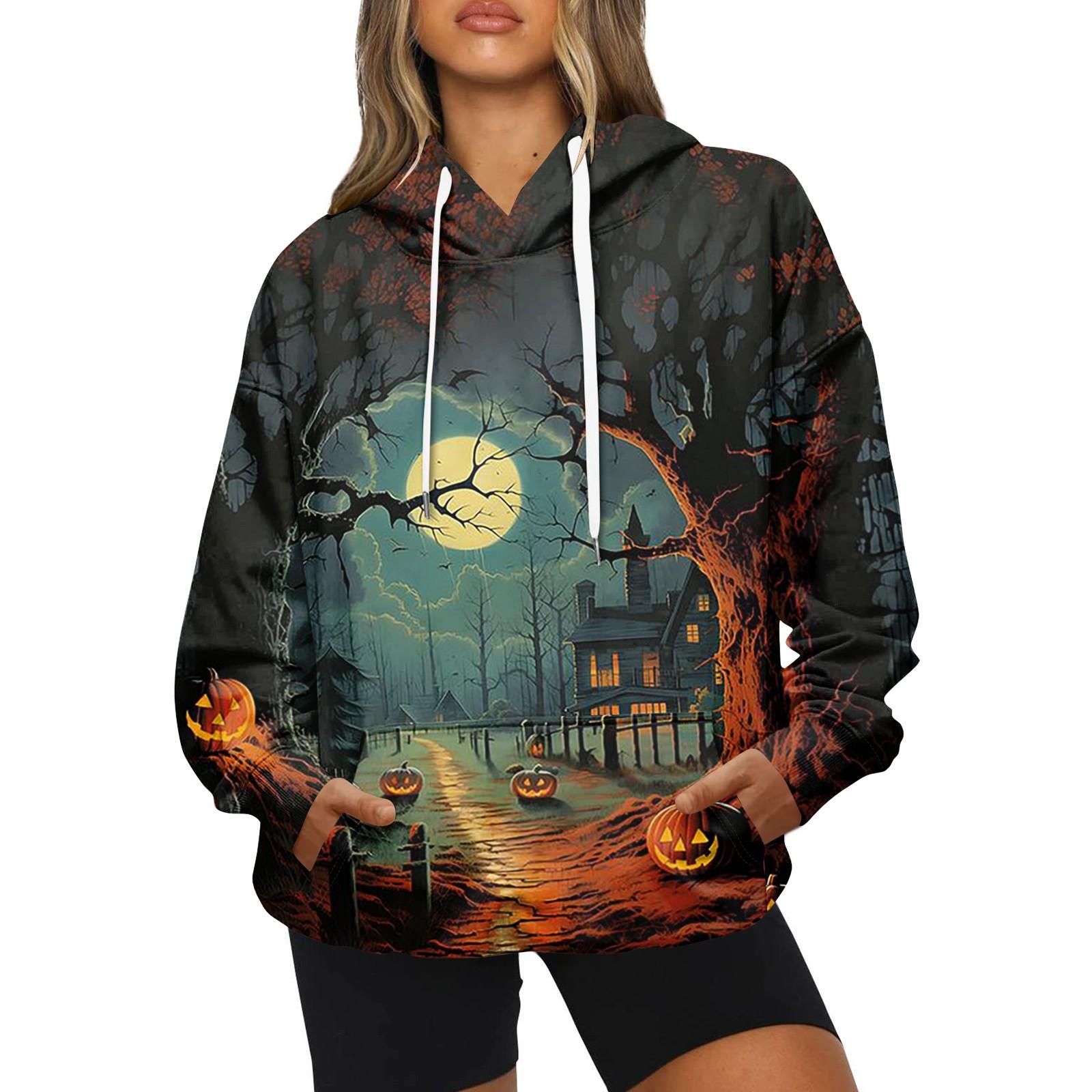 

Женская модная повседневная толстовка с капюшоном и принтом на Хэллоуин с длинными рукавами S