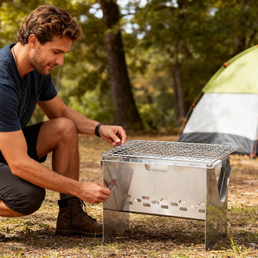 Foldable Portable Charcoal Grill Stainless Steel Fire Pit For Camping Backyard Bonfire Patio BBQ Cooking Picnic Beach Backpack