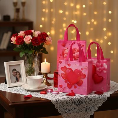 1-40PCS Sacs Cadeaux Non Tissés Imprimé Cœur Romantique Poignée Ruban Sac Cabas Réutilisable pour Anniversaire Mariage Saint-Valentin Fête