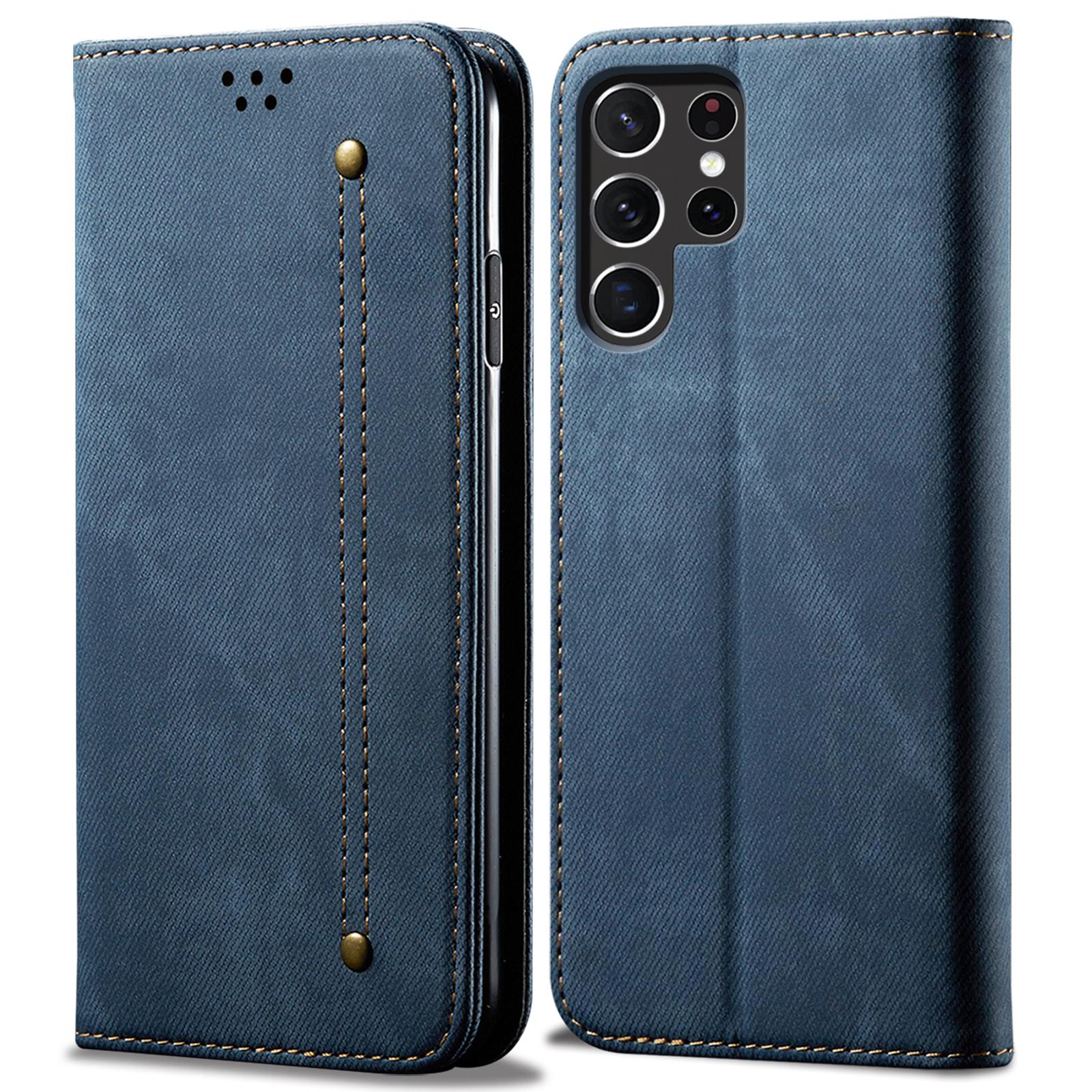

For Samsung Galaxy S25 Ultra Case Jeans Cloth Texture Anti-Scratch Leather Stand Phone Cover Blue