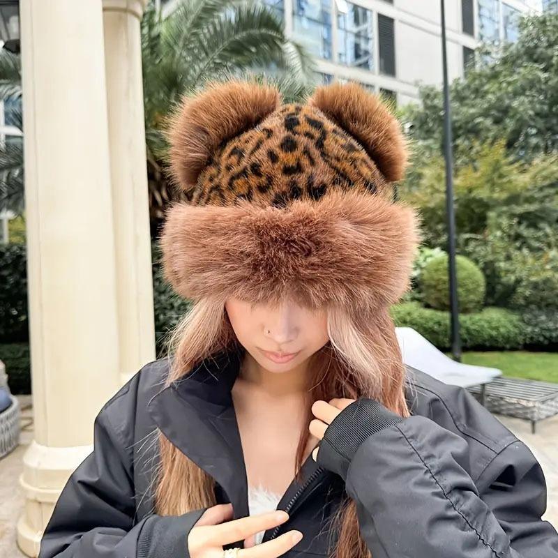 Retro Leopard Print Plush Cat Ears Beanie Women Mongolian Hat Thicken Hat Winter Warm Fluffy Fur Bucket Hat