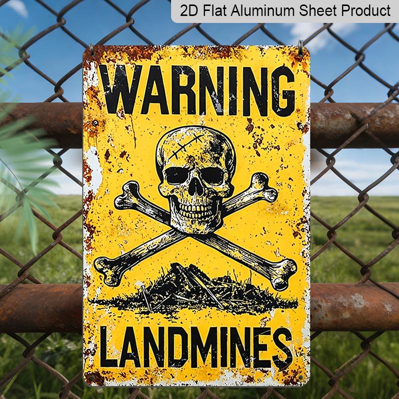 

2D Flat, Vintage Warning Landmines Aluminum Sign - 8X12 Rustic Wall Decor with Skull & Crossbones | Ideal for Home, Garage, or Garden, Perfect 20*30cm