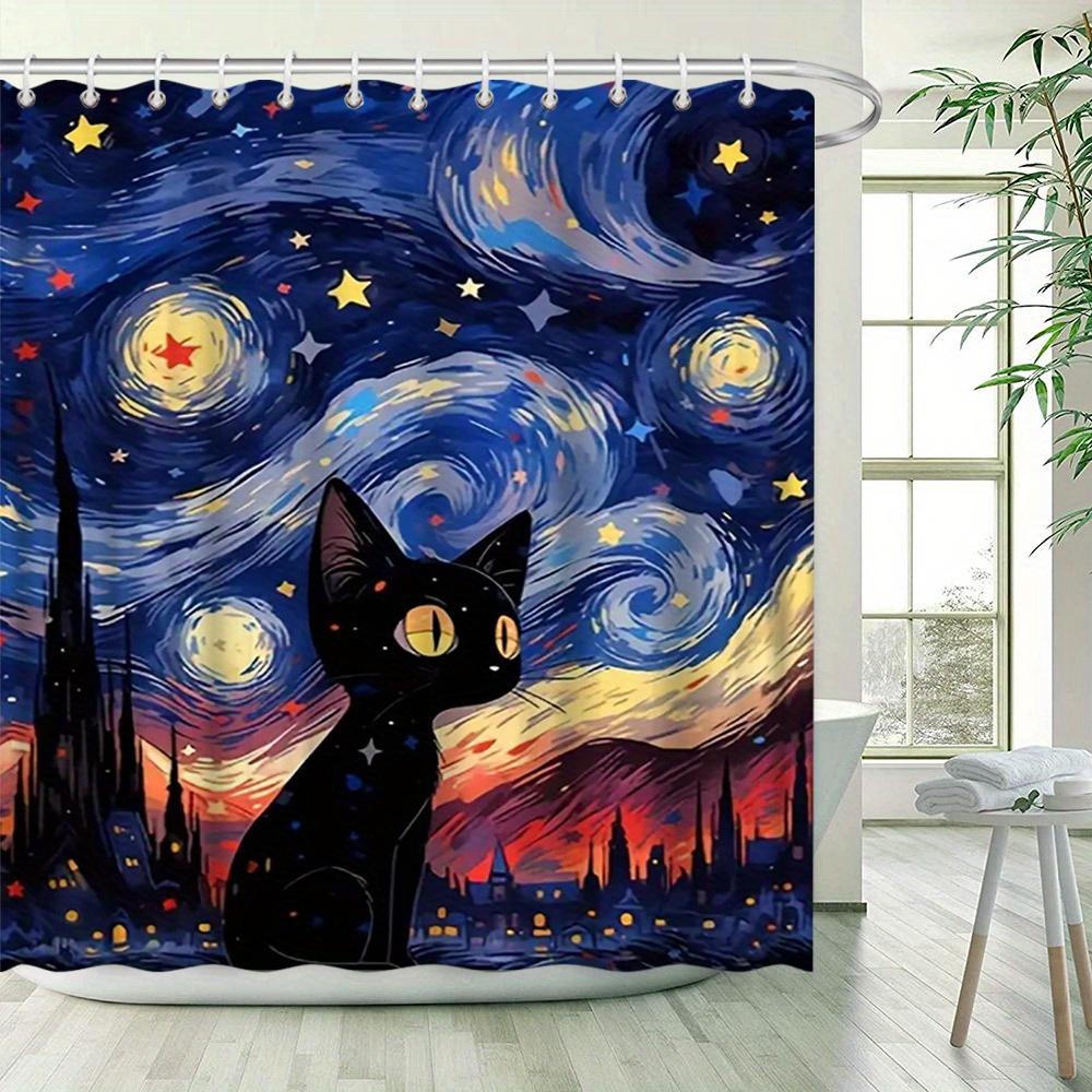 Starry Night with Black Cat Waterproof Shower Curtain for Modern Bathroom Decor, Stylish and Durable, Perfect for Home Use