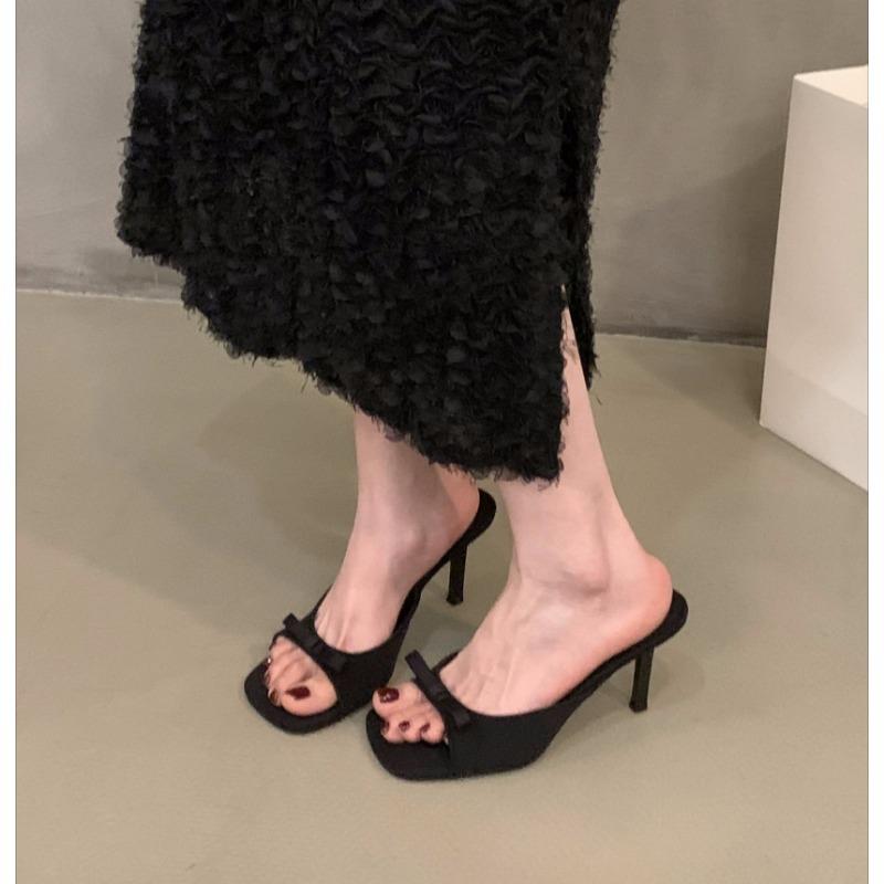 Fashion New Women's Slipper Mules Low High Heels Shoes Summer Best Street Look Females Square Head Open Toe Bow Strappy Sandals