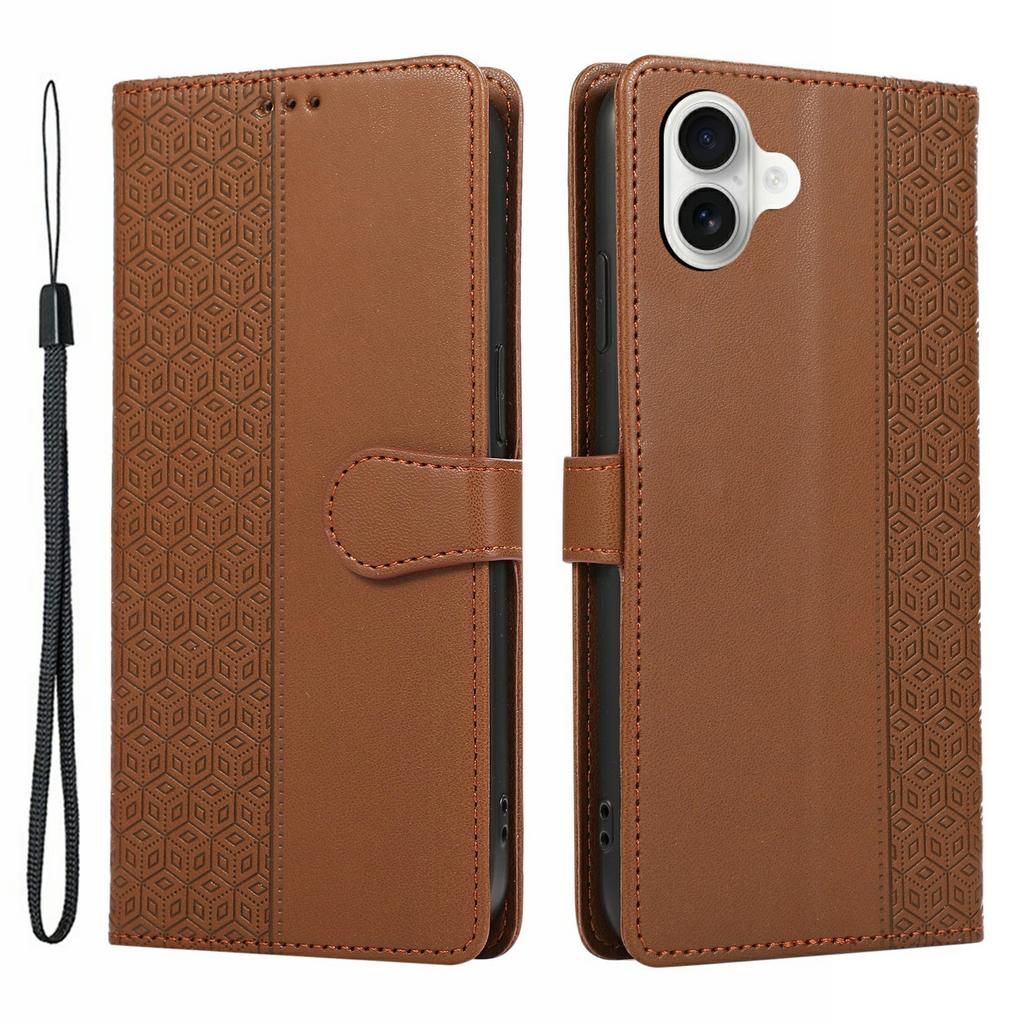 For iPhone 17 Case Splicing Imprinted Rhombus Leather Phone Cover with Wrist Strap