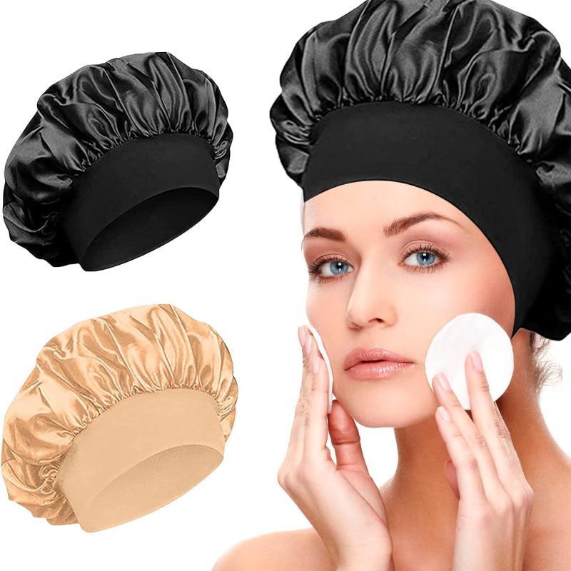 Satin Sleep Bonnet 2Pcs Soft Stretch Wide Elastic Band Breathable Hair Care Headscarf for Home Night Sleeping