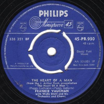 7inch Record FRANKIE VAUGHAN, WALLY STOTT & HIS  - The Heart Of A Man 45PB930 Philips 1959 UK Jazz Used