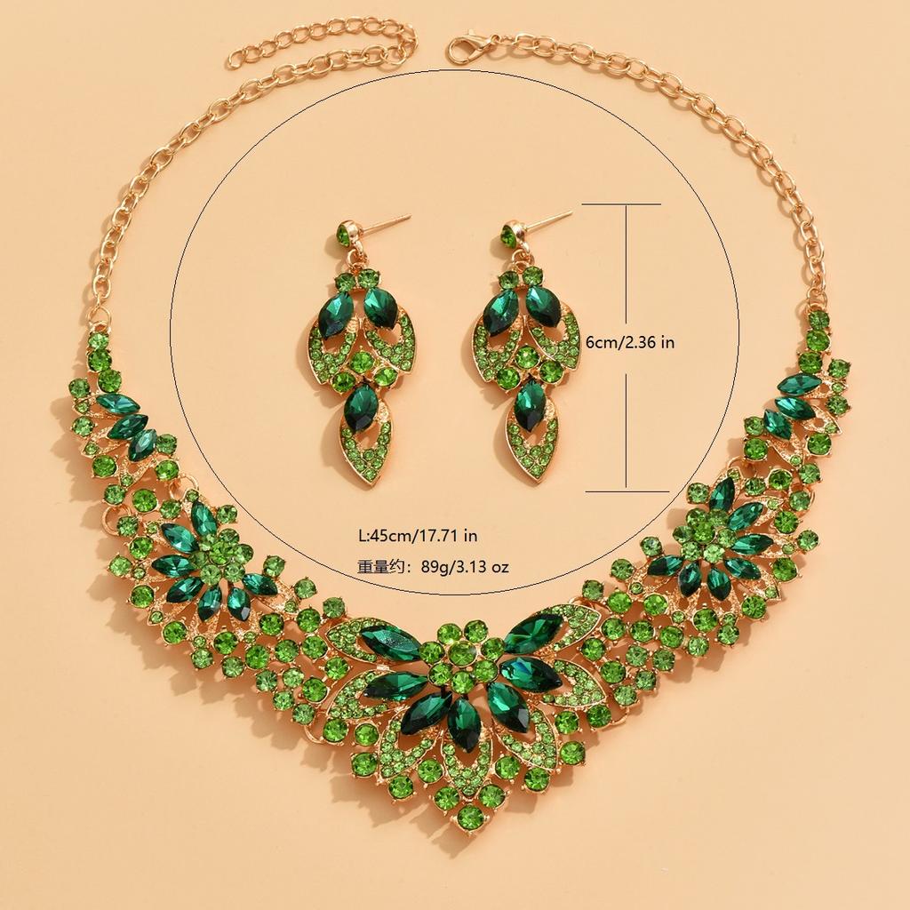 Vintage Necklace Earrings Set Women Leaves Flowers Rhinestone Bridal Accessories