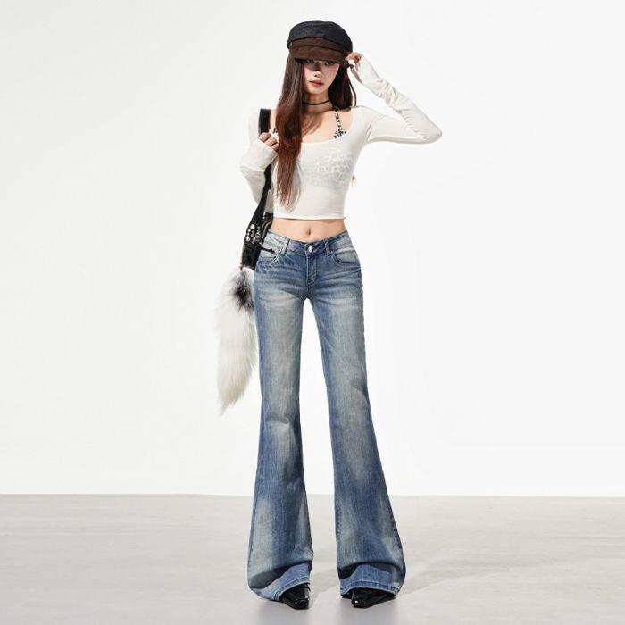 2026 Spring Women s High-Waisted Embroidered Micro-Flare Jeans in American Retro Blue. Extra Large