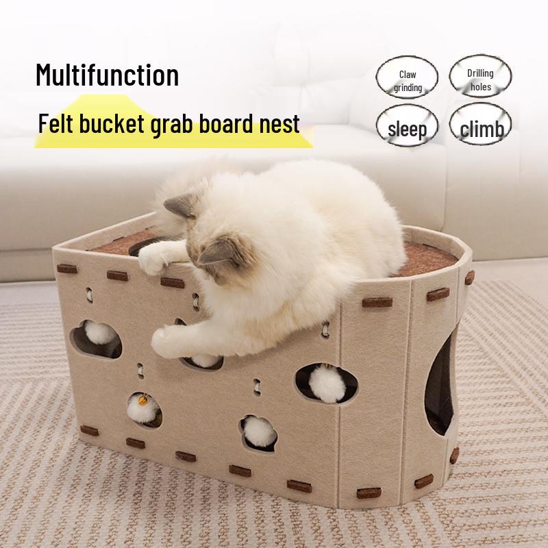 Felt Cat Bed & Scratcher with Integrated Kitten Toy, Double-Layer Design
