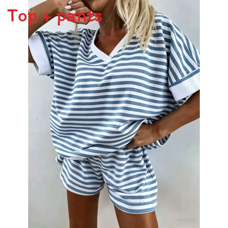 Womens Striped Knit Sweatshirt And High Waist Shorts Set With Patching For Casual Summer Wear