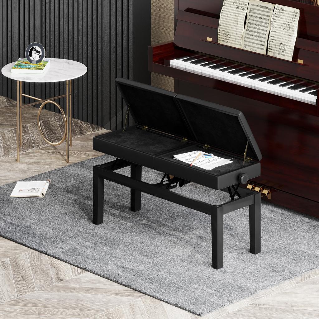 Piano Bench, Piano Stool, Faux Leather, Adjustable Double Seat, Storage, Black