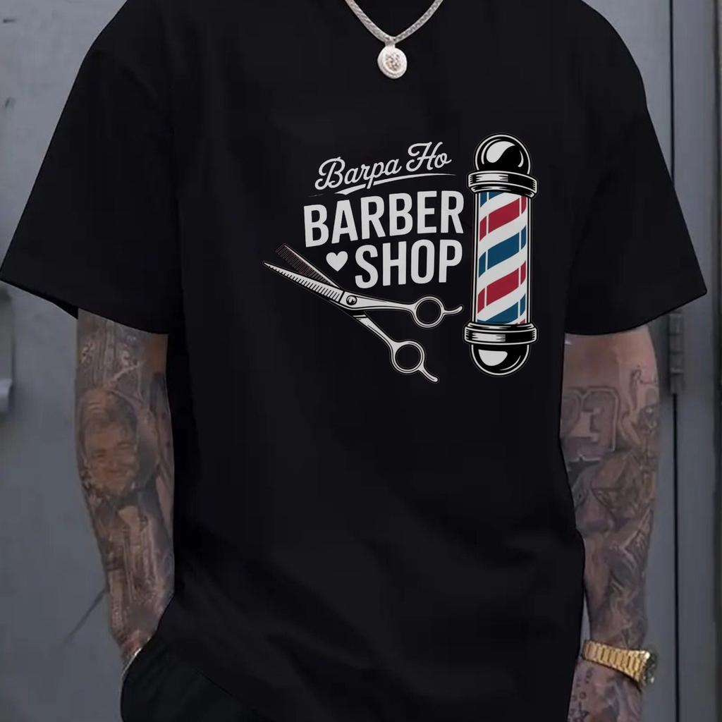 Barber Shop Graphic Print TShirt Men Casual Short Sleeve Crew Neck Cotton Tee